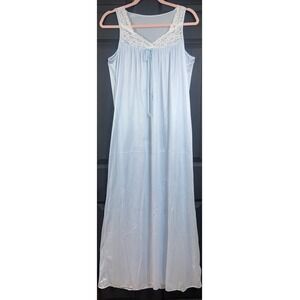 Vintage 1970s Lorraine Nylon‎ Nightgown Blue Lace Slip Dress Maxi Small USA